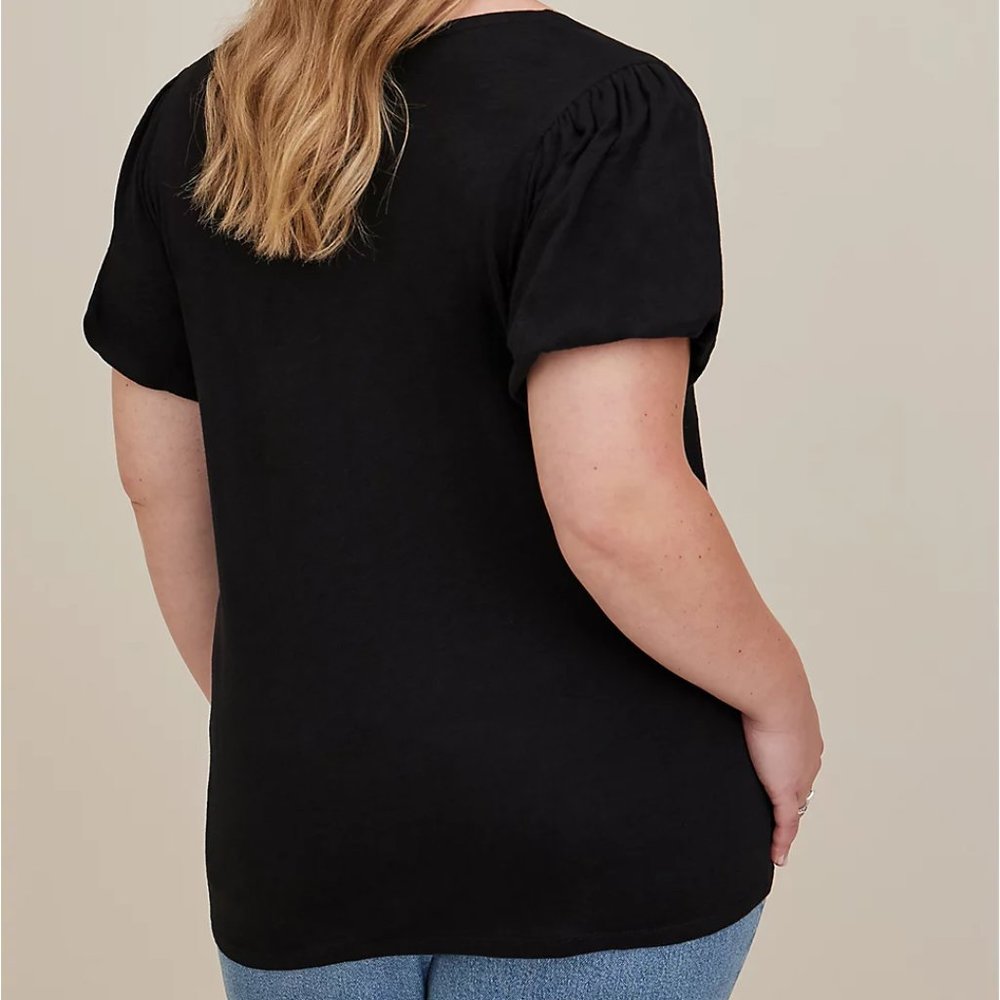 PUFF SLEEVE TEE BLACK HERITAGE SLUB KNIT COTTON - Plus Size 3X - Picture 2 of 8